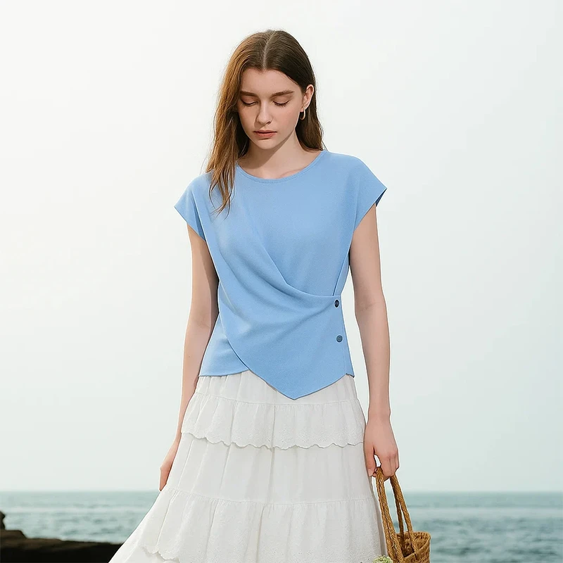 JIANMO/茧墨冰氧交叉系扣减龄短袖 时尚百搭休闲优雅知性减龄T恤