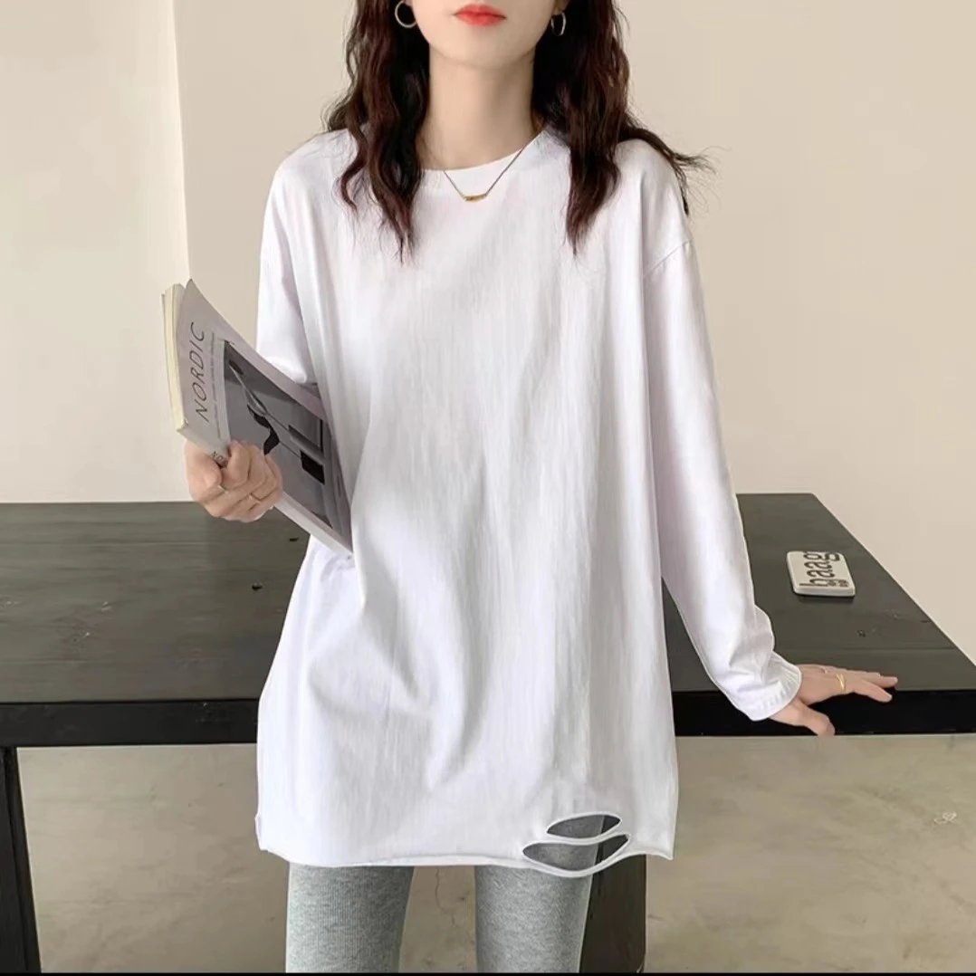 女款纯棉打底长袖白色时尚百搭开叉宽松中长款纯色圆领