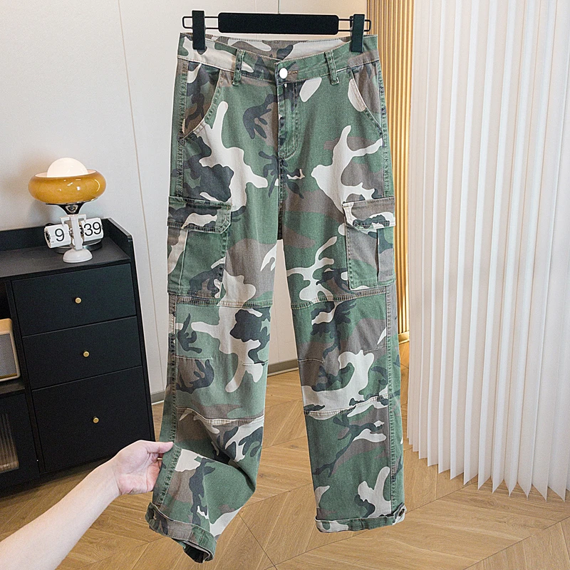 2025秋季上新梨形百搭显高显瘦阔腿长裤流行爆款迷彩工装牛仔裤女