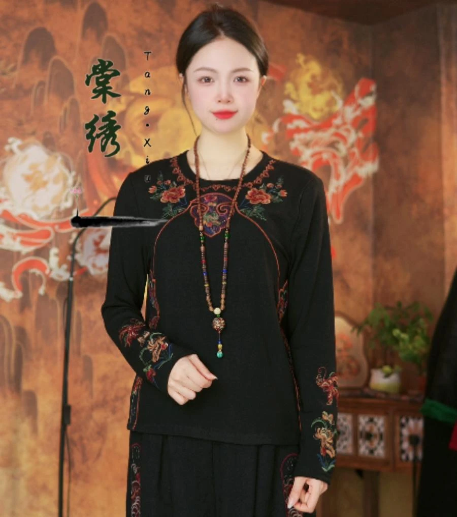 【棠绣】逐月·春款民族风刺绣国风圆领百搭中国风打底衫绣花长袖T恤