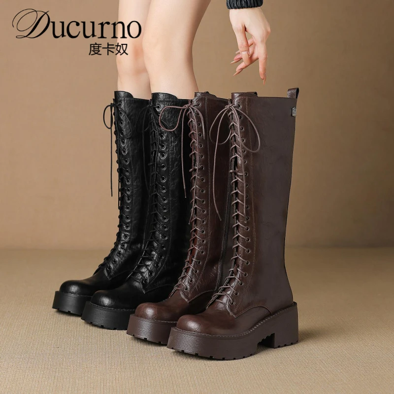 7CM圆头粗跟厚底系带长靴2025秋冬新款里外全皮是的百搭高跟女靴