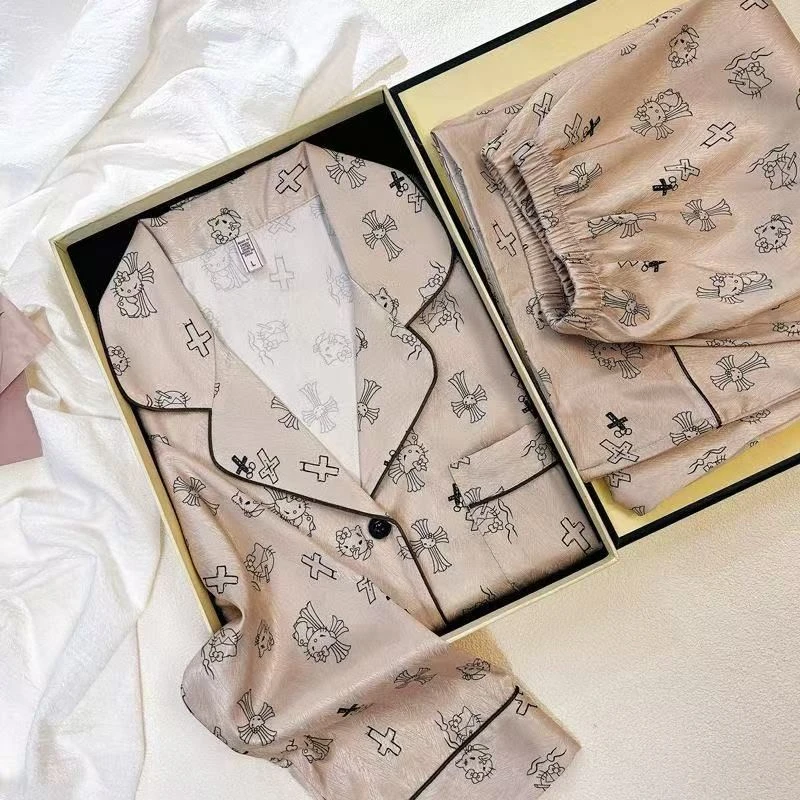 春秋季冰丝人字斜纹凯蒂猫睡衣女长袖长裤家居服套装