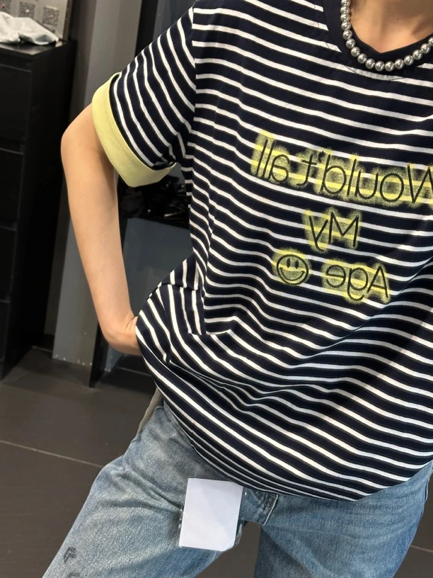T恤短袖常规条纹烫印字母圆领潮流ol宽松春夏针织黑白撞色