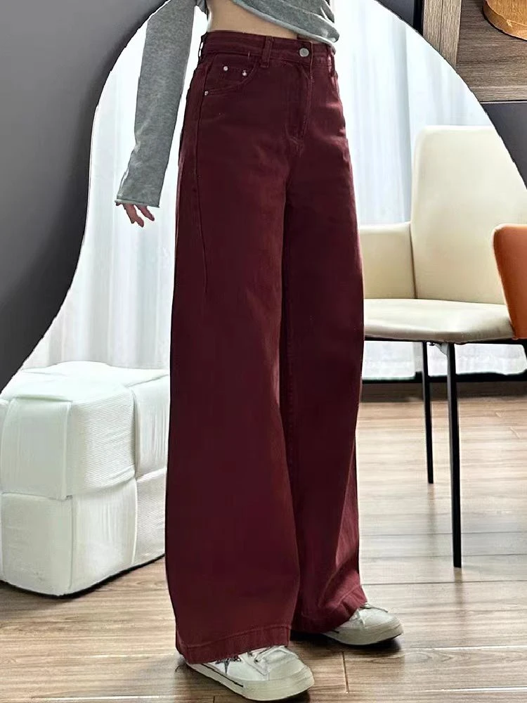 安哥拉红阔腿牛仔裤2025夏季阔腿裤
