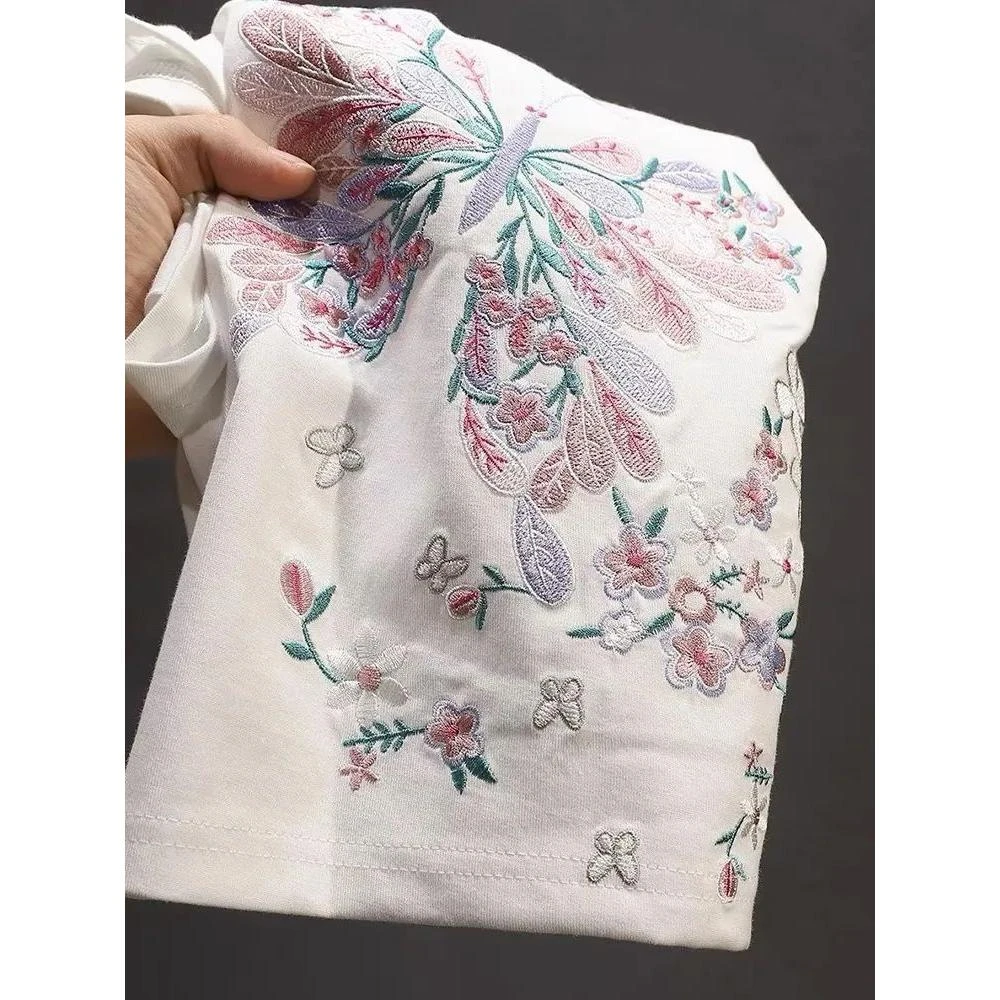 2025年特大码300斤重工刺绣蝴蝶国潮宽松短袖T恤夏季纯棉休闲上衣