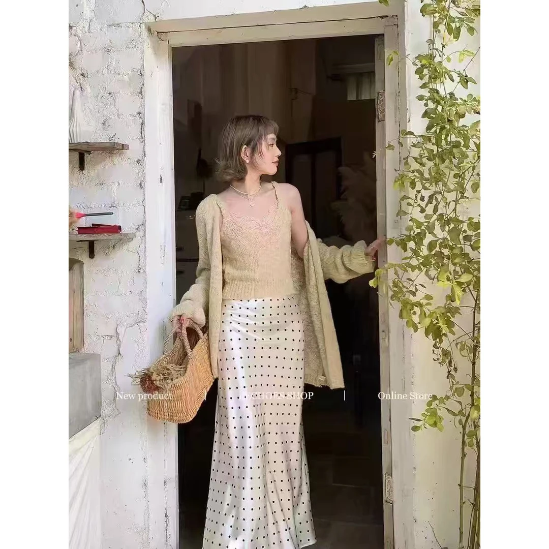 气质复古波点半身裙女2025春夏新款裙子圆点缎面长裙显瘦鱼尾裙子