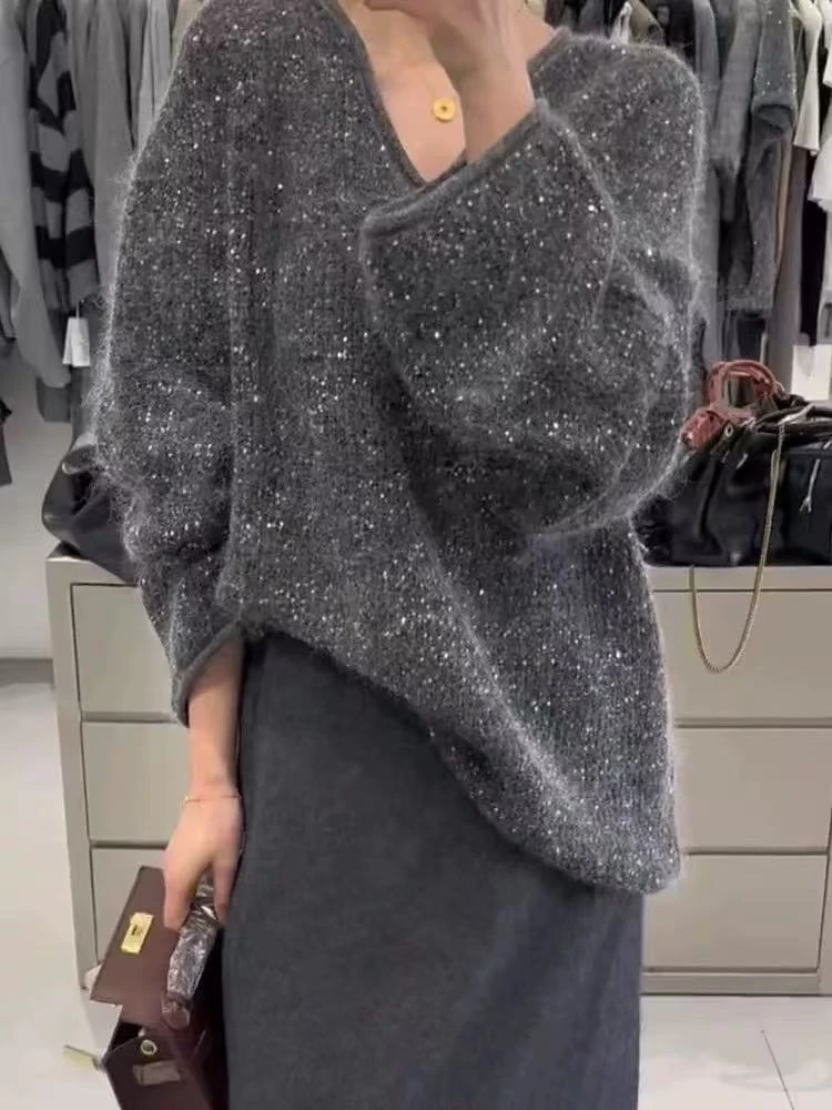 2024韩系聚会战袍v领亮片套头针织气质时尚上衣