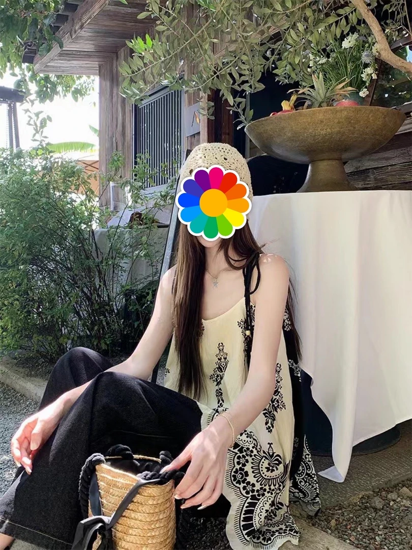 撞色印花设计感小众不规则度假风夏季女性吊带背心