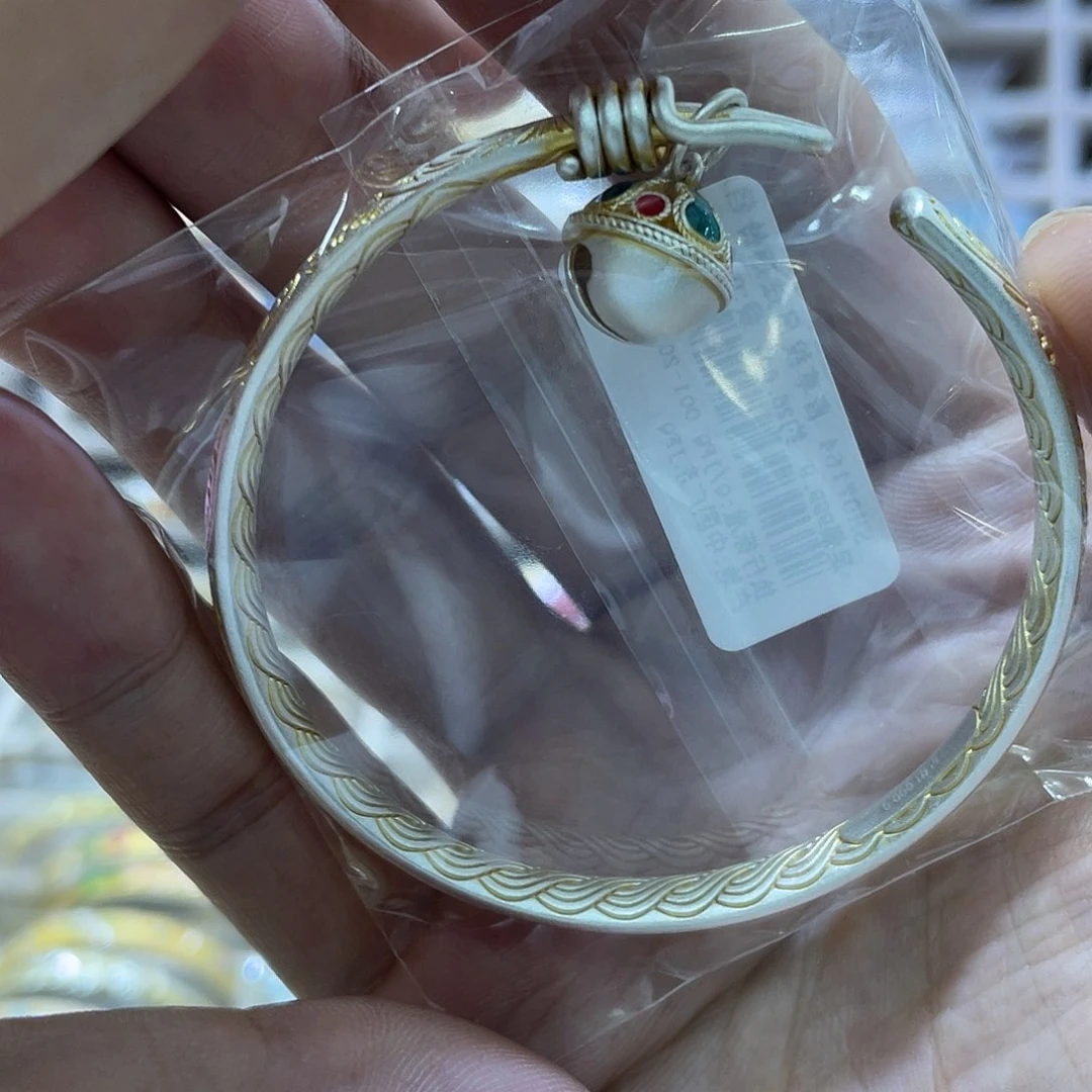 珐琅足银唐草纹铃铛开口手镯