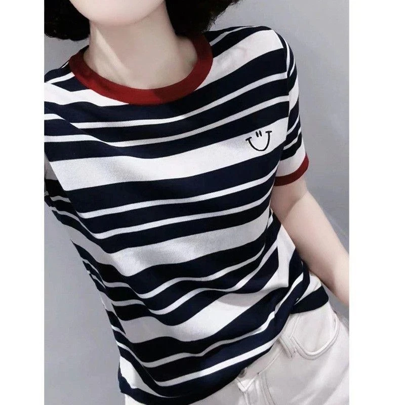 欧货小众条纹设计感笑脸刺绣短袖T恤女2025春夏新款圆领内搭打底