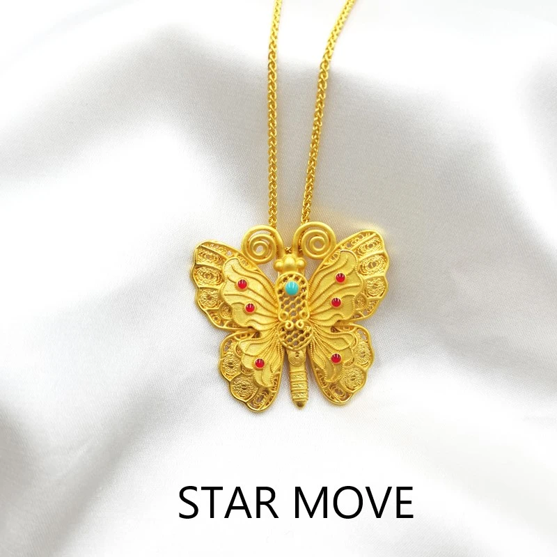 黄铜珐琅吊坠 古法珐琅彩镂空花丝蝴蝶吊坠女韦雪同款蝴蝶项链