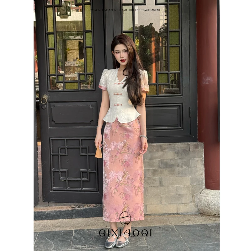 七小七Sicily【锦韵花朝】新中式国风气质提花短袖盘扣旗袍连衣裙女