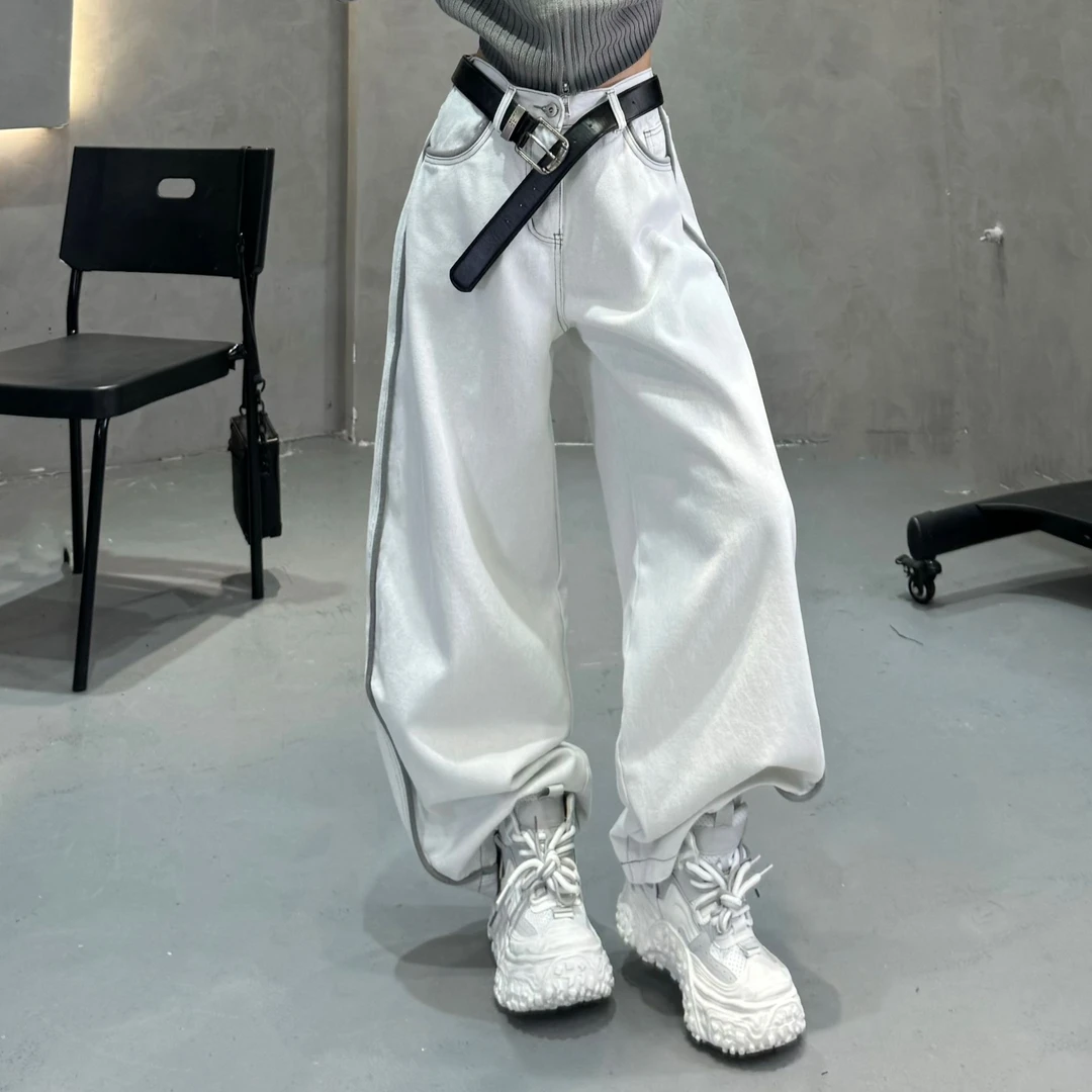 【大度原创】D150#早春时尚撞色条设计阔腿收口弯刀牛仔裤