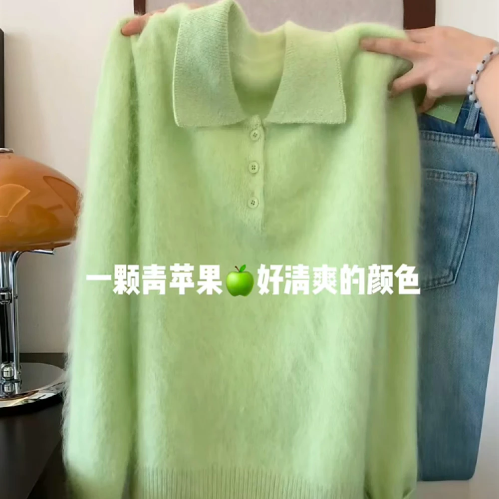 2025新款薄荷波绿毛茸茸Polo领针织衫女秋冬新款宽松软糯减龄毛衣