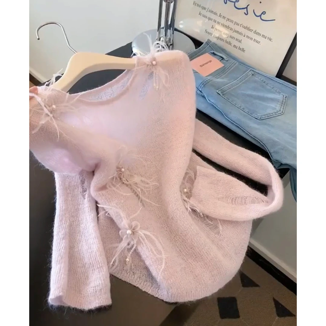 好听鸭自留款推荐钉珠镂空长袖针织衫女春秋高级感一字肩修身上衣