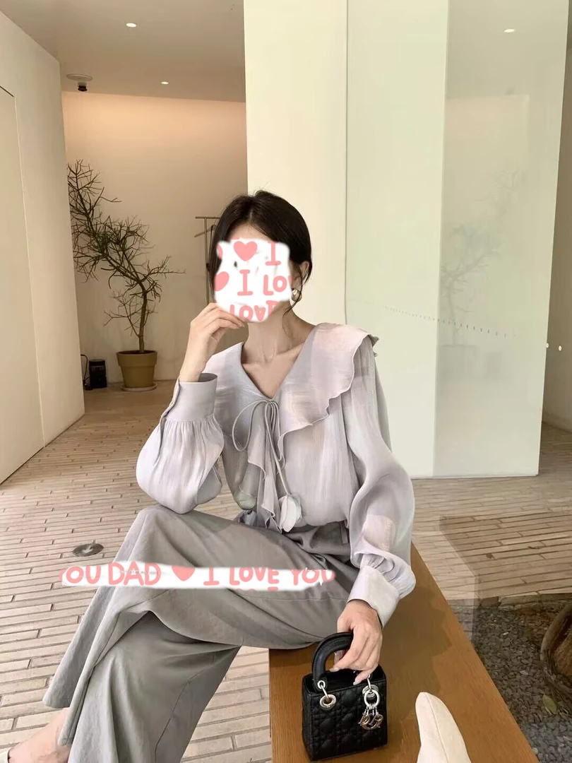 2025法式高级感荷叶边长袖衬衫秋季宽松显瘦百搭气质上衣女装衬衣