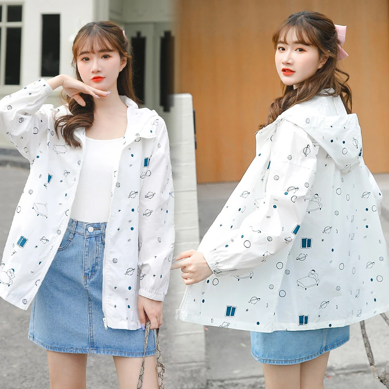 卡通轻薄款防晒衣女夏季初高中学生宽松连帽外套印花空调开衫高中