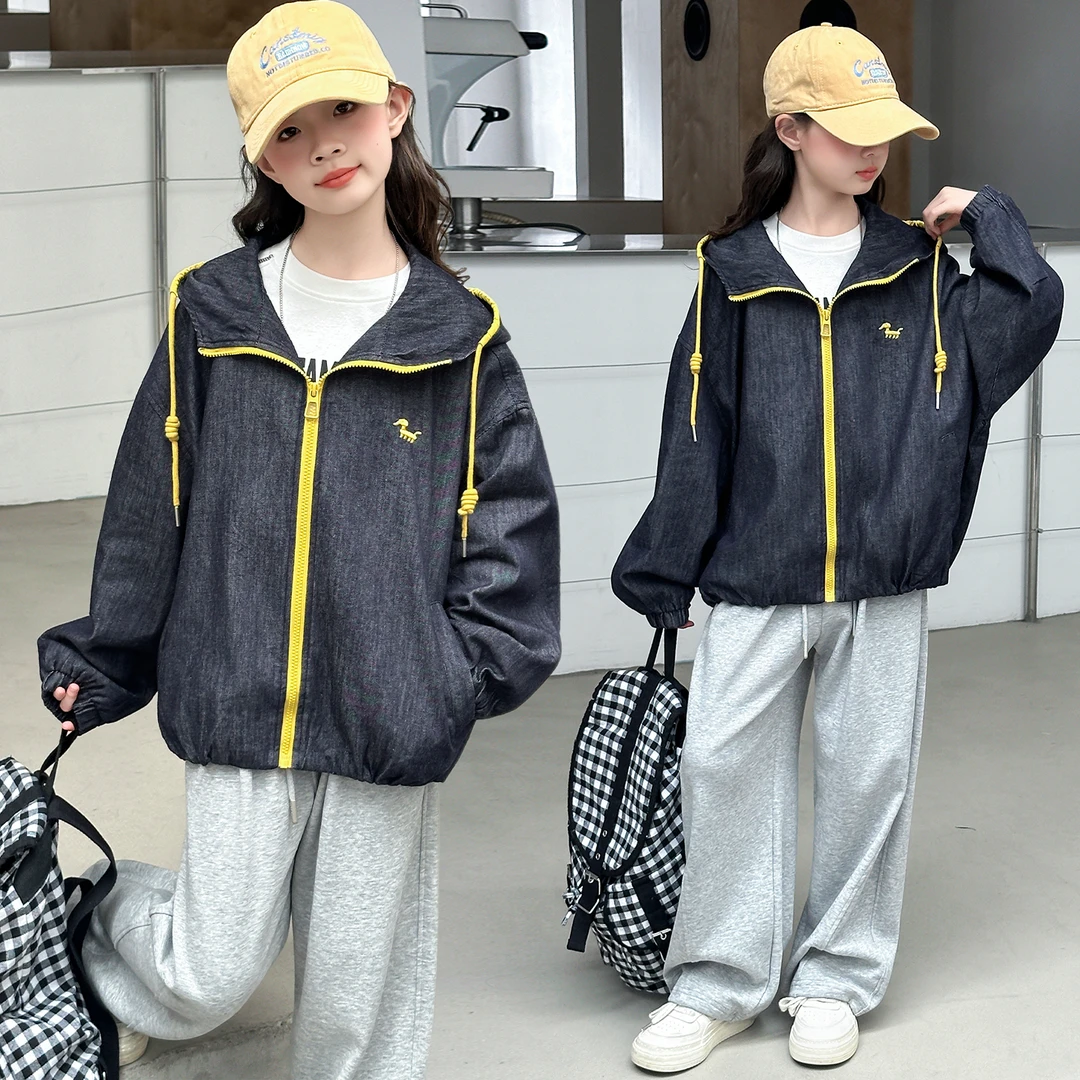 女童连帽牛仔外套秋装2025新款女大童春秋款青少年初中生秋季上衣