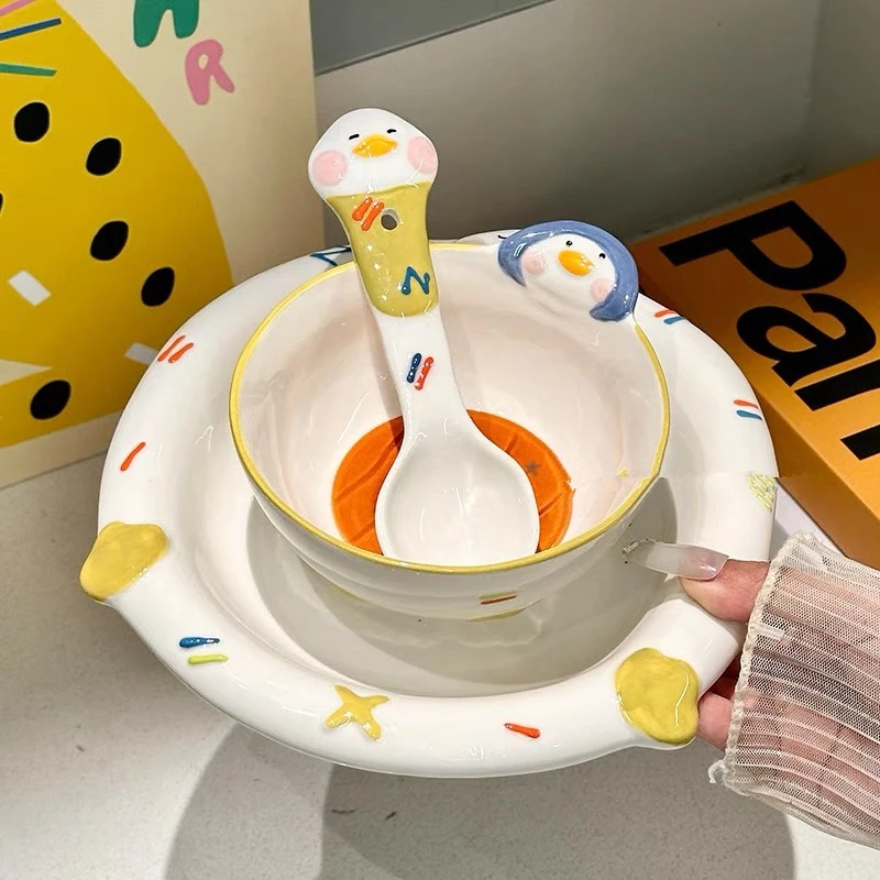 躺平鸭高颜值可爱陶瓷碗盘子3件餐具套装 网红款米饭碗家用碗具