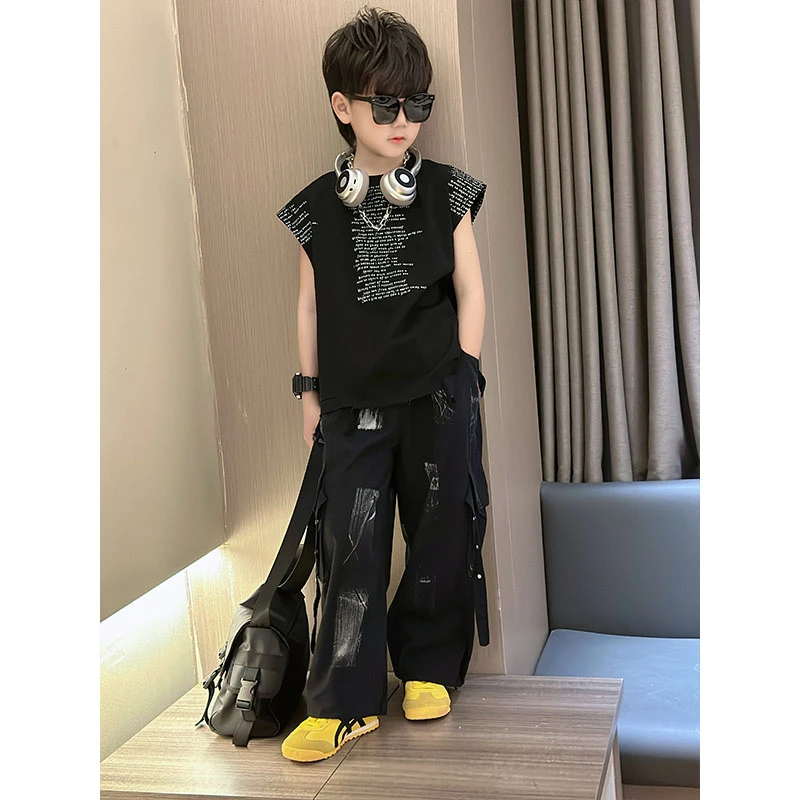 男童工装裤夏季2025新款儿童薄款阔腿裤手绘扎染时髦炸街潮酷长裤