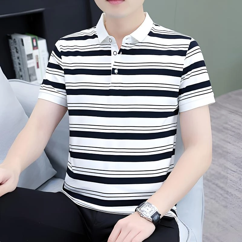 冰感高档男士polo衫潮流韩版翻领短袖t恤男条纹休闲潮牌男装半袖