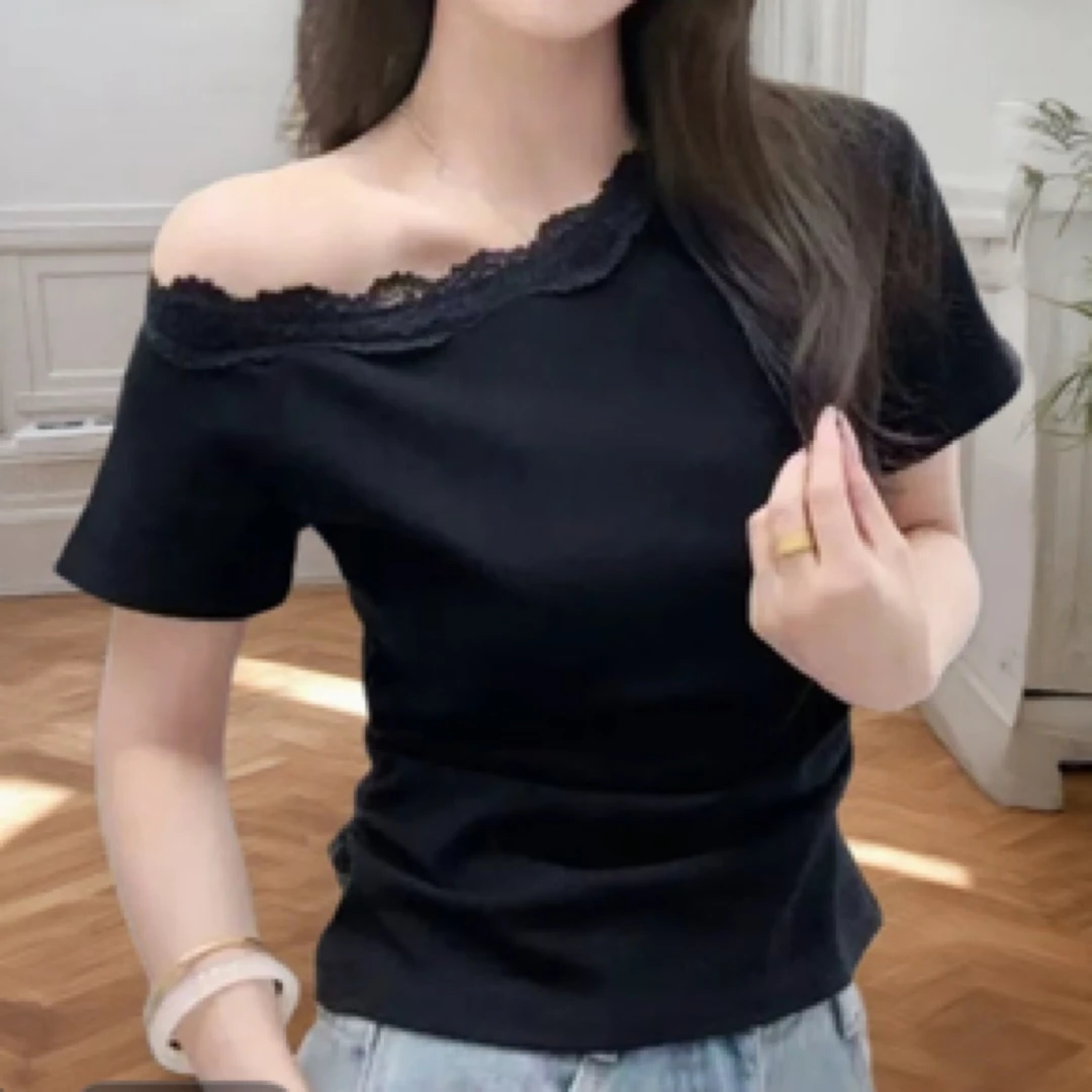 5825#【衣长52】蕾丝轻职风INS风短袖斜领纯色T恤短款时尚公主风