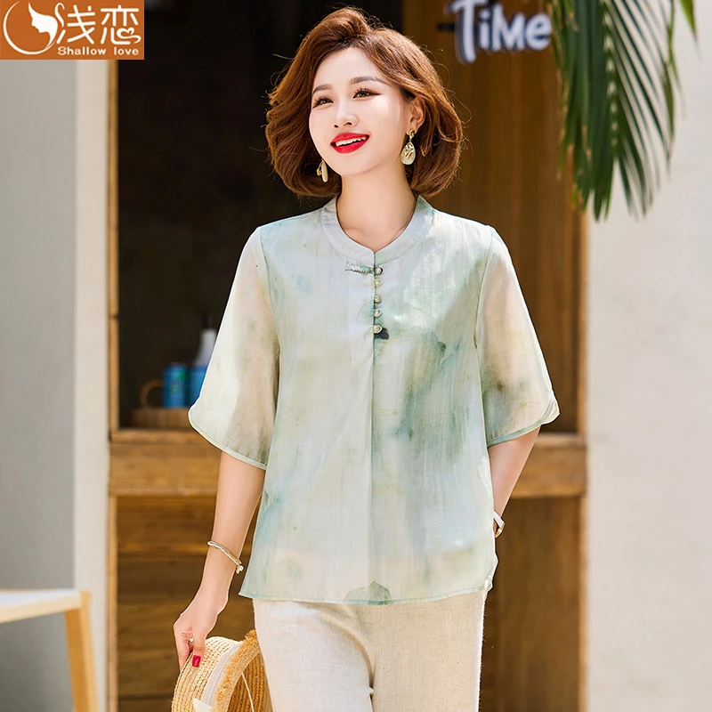 QianLian/浅恋妈妈夏季洋气短袖上衣中年女装夏装新中式薄款套装