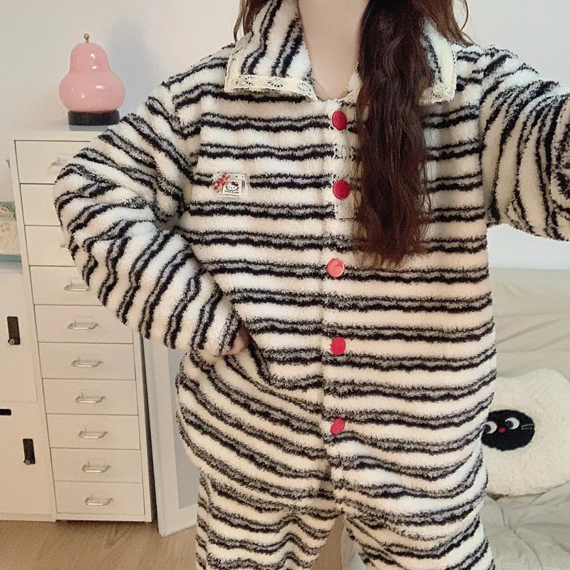 【加绒加厚】珊瑚绒睡衣女秋冬季韩系条纹法兰绒保暖学生家居服套装