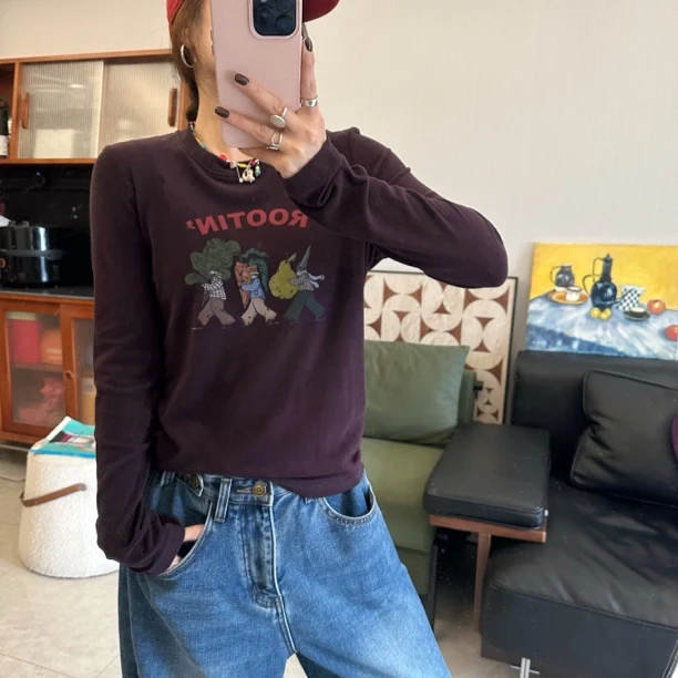 qiqi/琦琦推荐韩版修身弹力保暖卡通元素印花打底时尚秋冬长袖T恤