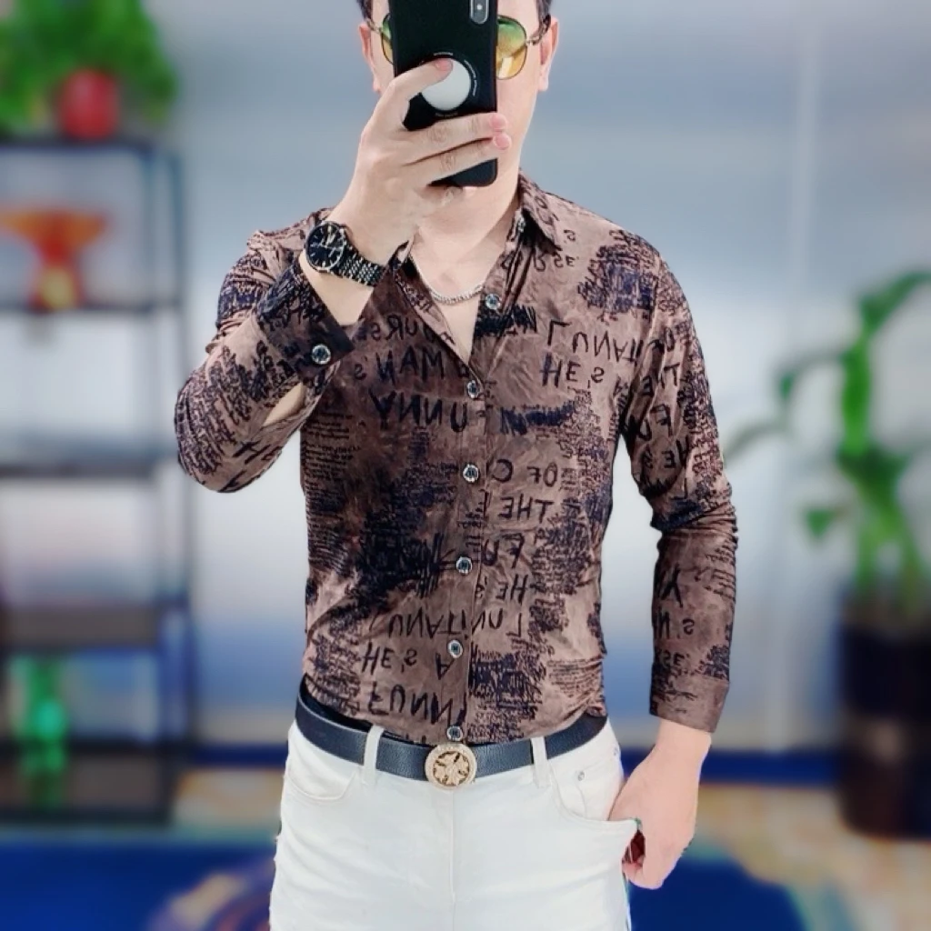 男士春夏时尚潮流长袖衬衫修身印花植绒休闲百搭上衣