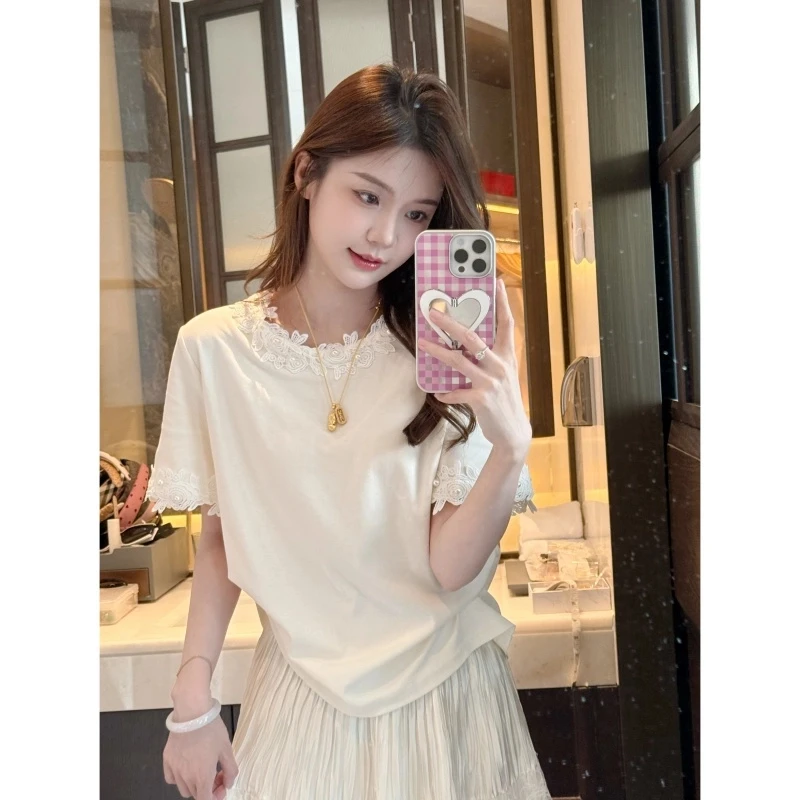 韩系氛围感温柔风花边短袖t恤女夏季小个子纯欲bm风收腰短款上衣