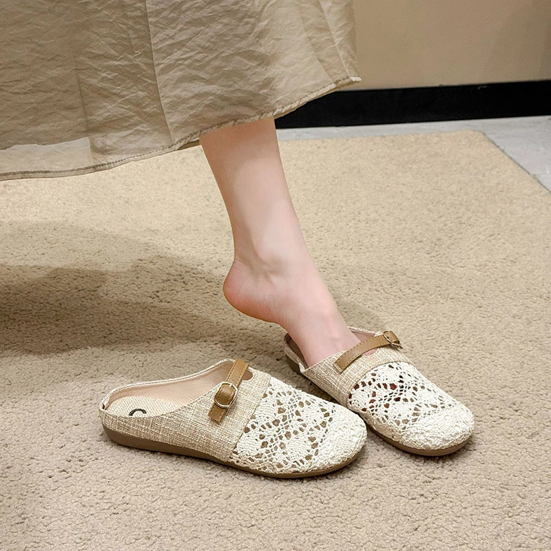【万达撤柜】百搭半拖鞋女夏外穿2025新款配裙子亚麻透气平底一脚蹬