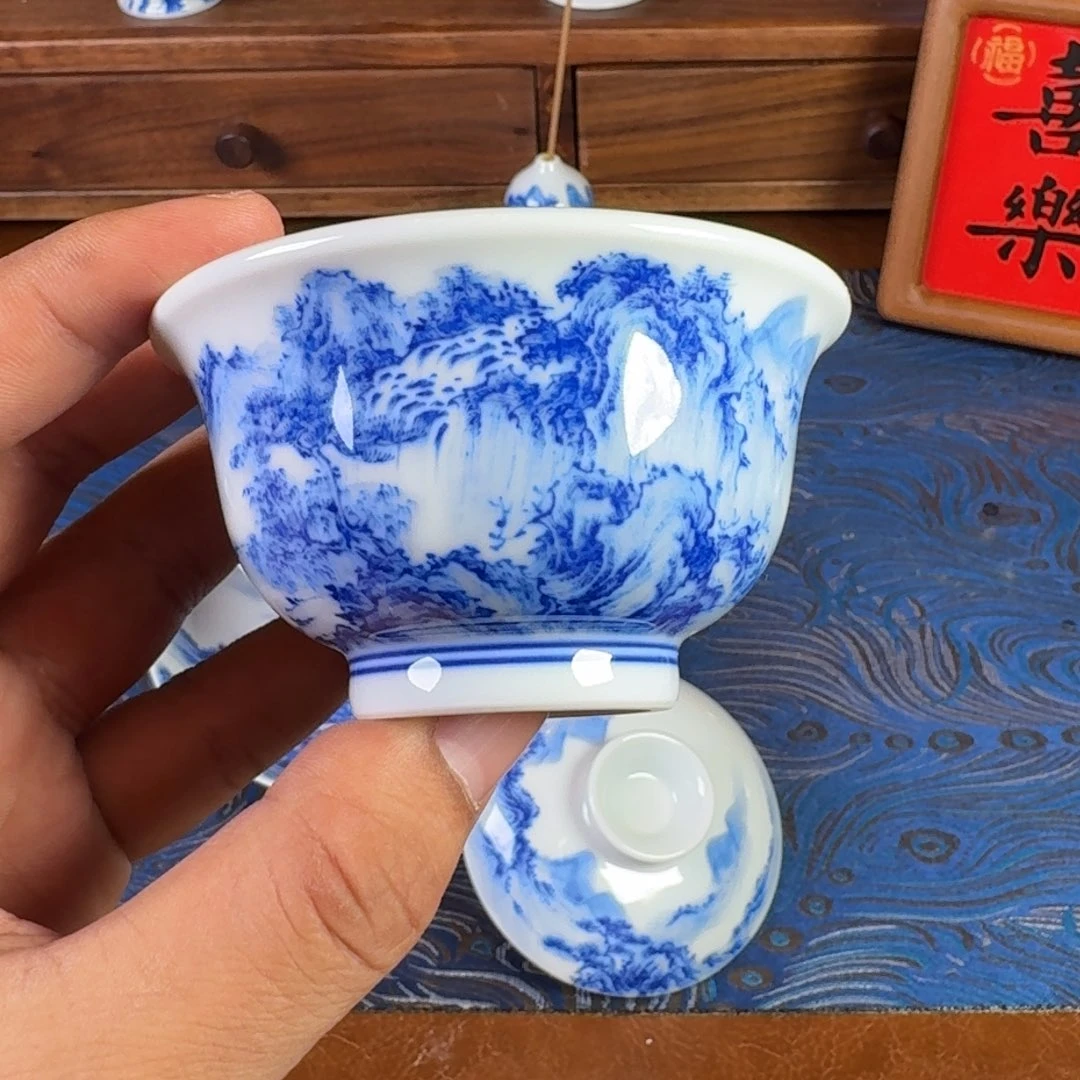景德镇全手工手绘青花山水压手杯