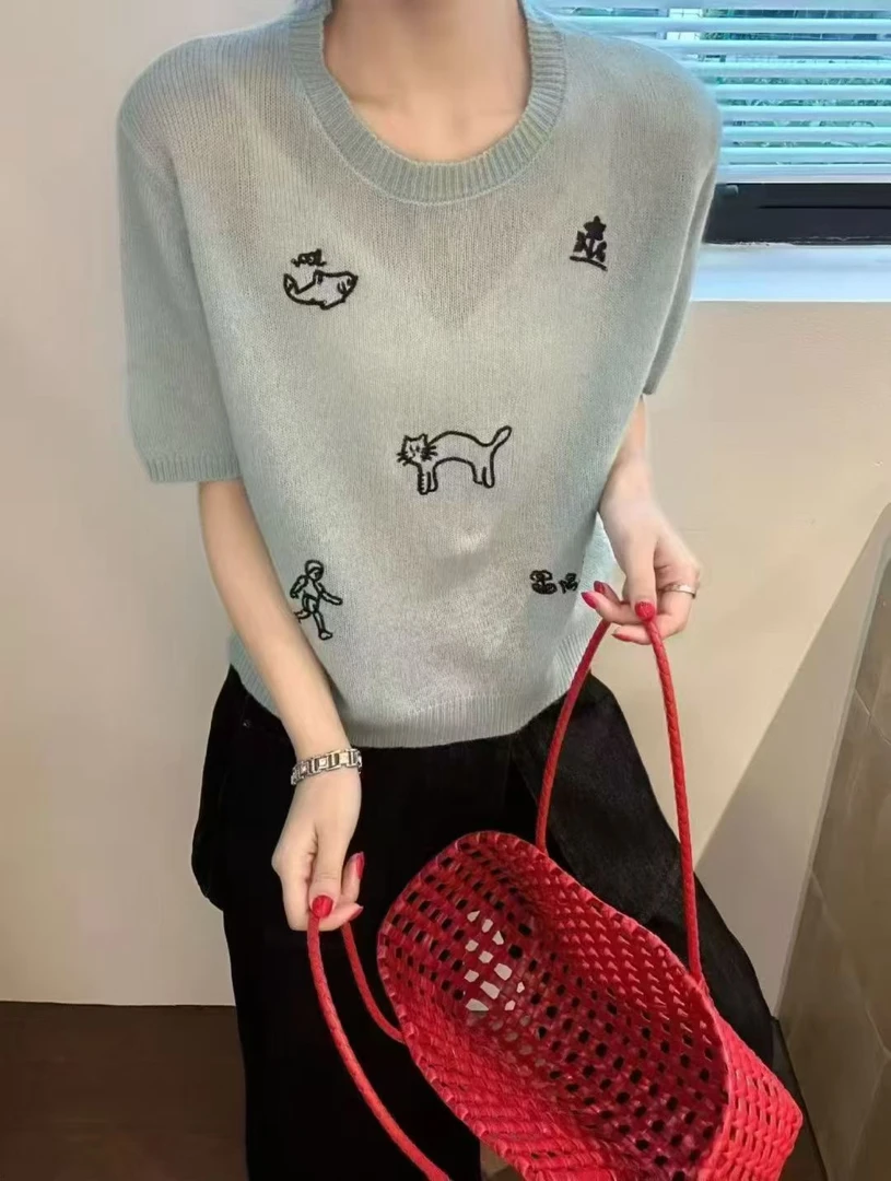 丝羊绒短袖刺绣秋季显瘦针织时尚百搭打底夏季圆领重工