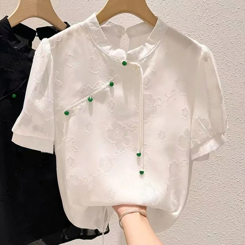 复古气质提花轻薄透气小众衬衣盘扣钉珠短袖2222
