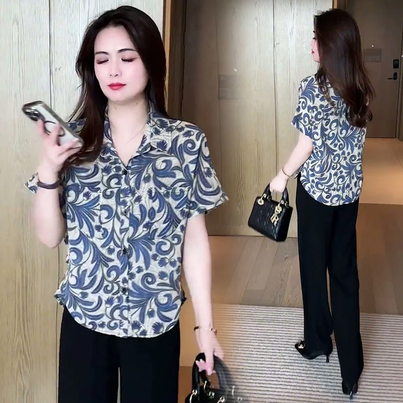 妈妈装2025休闲衬衫碎花夏装女装复古短袖夏季印花田园风两件套超