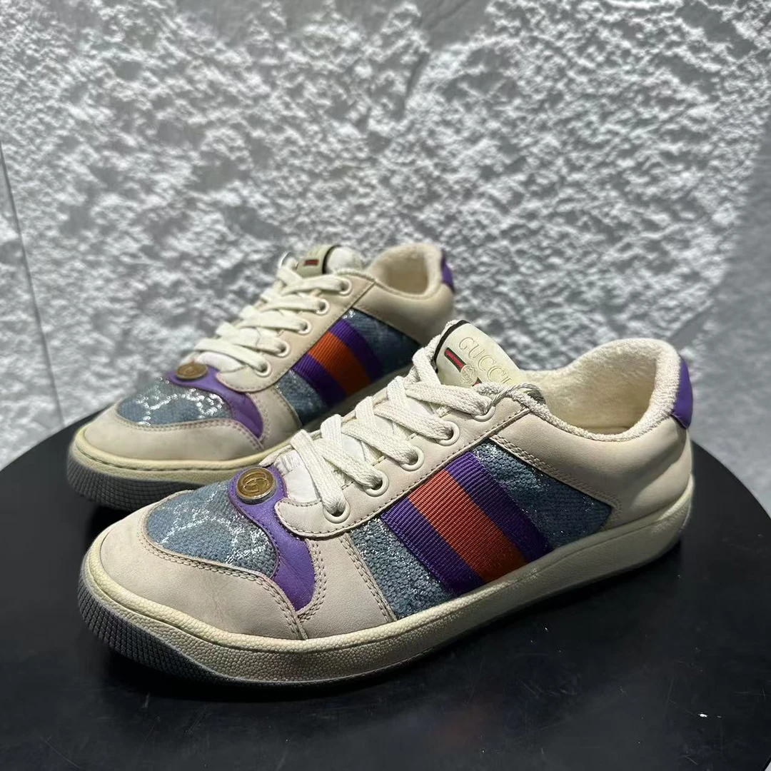95新 GUCCI/古驰 36码/仔仔/蓝紫色印花复古珐琅扣脏脏鞋 1205