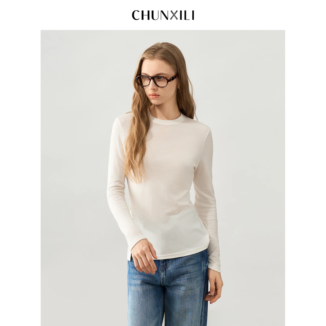 CHUNXILI/春熙里 秋季长袖单穿打底衫修身设计感开叉T恤D03S53083