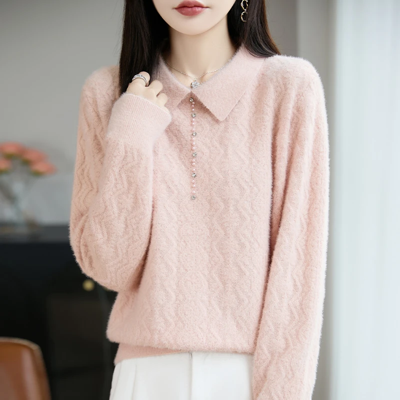 大码翻领提花钉珠针织打底衫女士秋冬2025新款遮肚子宽松上衣毛衣