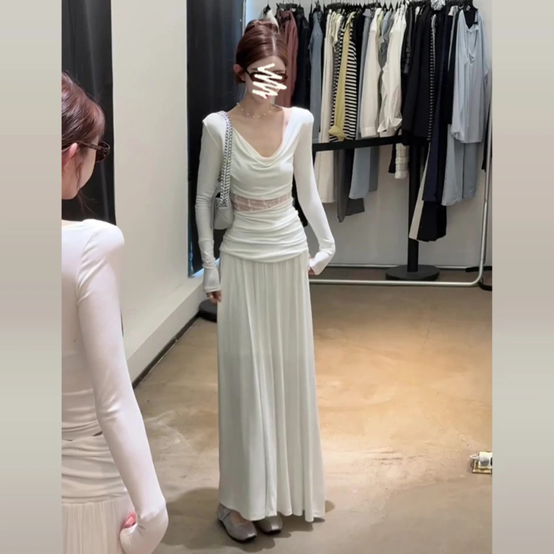 法式白色荡领蕾丝拼长袖连衣裙子早秋新款高级感气质绝美套装长裙