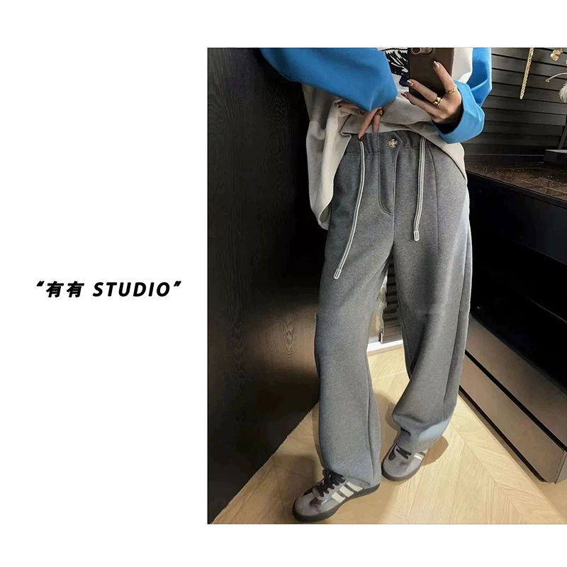 「T字扣香蕉裤」25春季新款韩系一粒扣抽绳直筒女士显瘦窄版香蕉裤