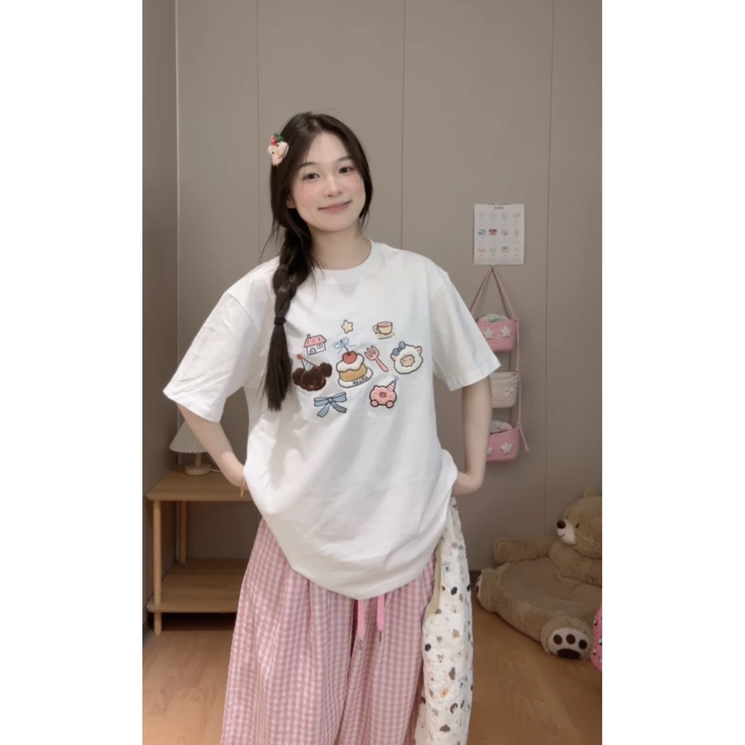 2025夏季可爱蛋糕小动物刺绣纯棉短袖女新款宽松情侣上衣#MM0311
