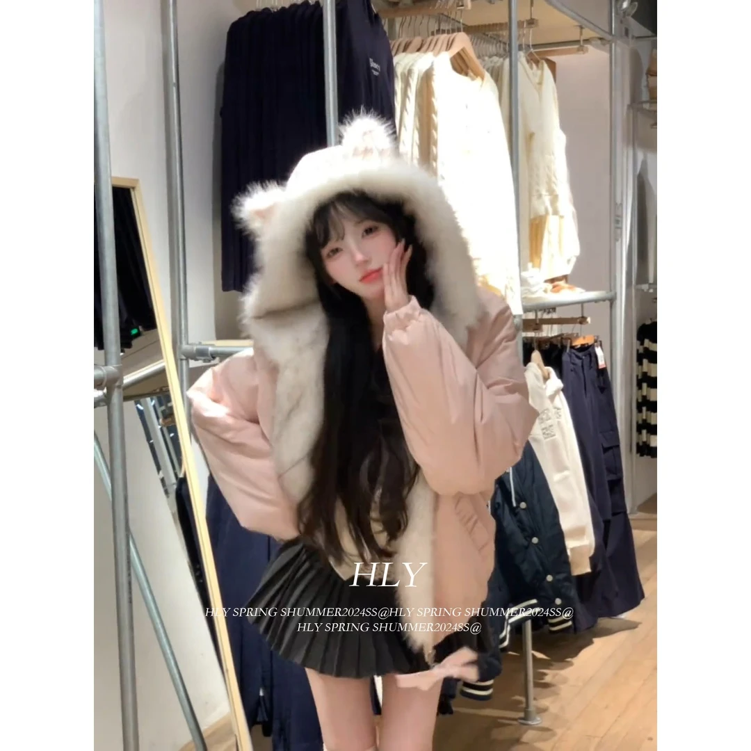 粉色可爱猫耳朵毛领连帽服外套女秋冬季加绒加厚小个子甜美上衣