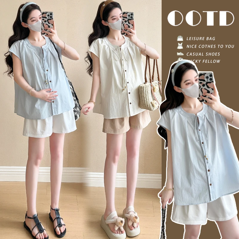 孕妇夏季韩系减龄休闲飞飞袖圆领绑带排扣衬衫显瘦薄款气质上衣