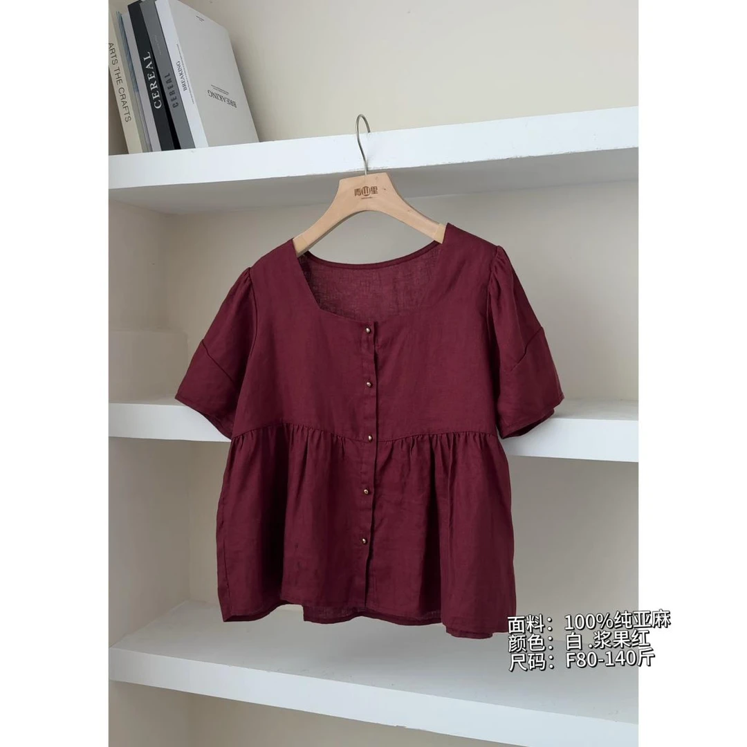 P0359-“亚麻浆果”新款韩系方领亚麻宽松圆领单排扣短袖衬衫上衣