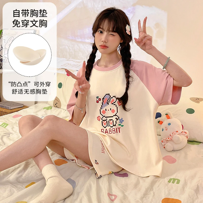2025年新款可爱短袖女士睡衣夏季带胸垫卡通甜美少女家居服夏套装