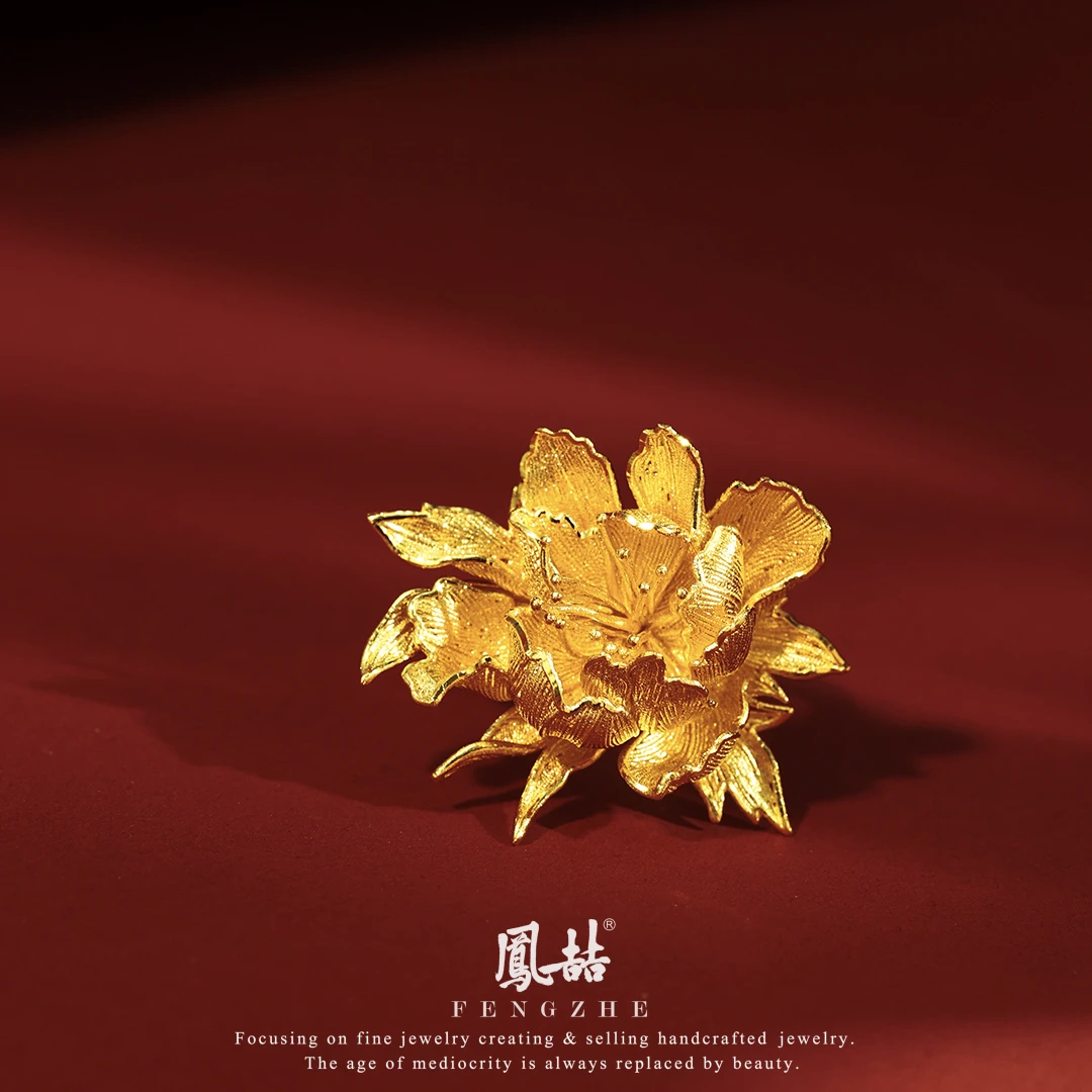 凤喆古法喷砂牡丹国风灵动足金戒指轻奢时尚精美