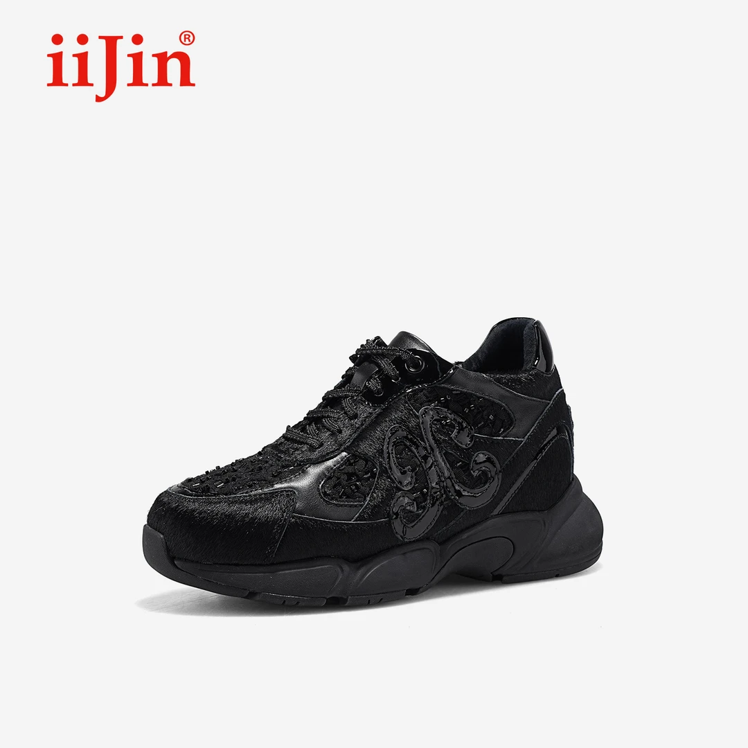 iiJin艾今25秋冬新品8.5cm厚底内增高时尚毛绒拼接老爹鞋女937IZA