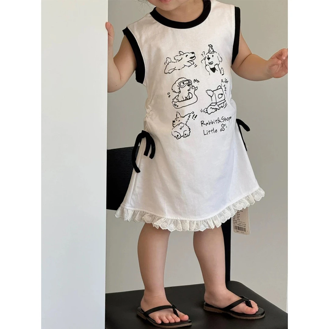 韩国童装宝宝背心裙儿童可爱小狗印花背心裙甜美蕾丝边女童连衣裙