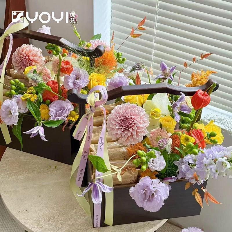 优艺 中秋节八角手提木盒中式复古提篮高档鲜花月饼礼品花篮